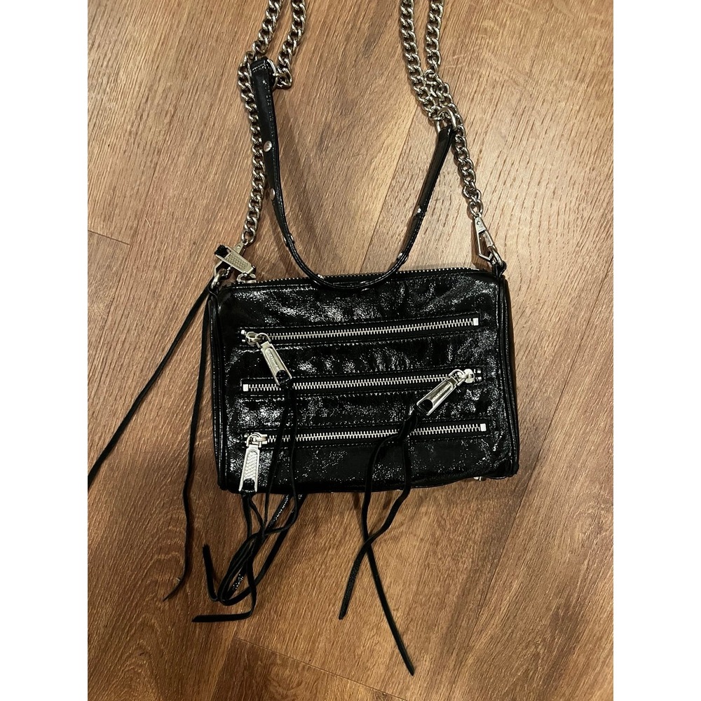 Rebecca Minkoff Mini Zip Black Patent Leather Silver Chain Crossbody Bag Purse - Picture 2 of 5
